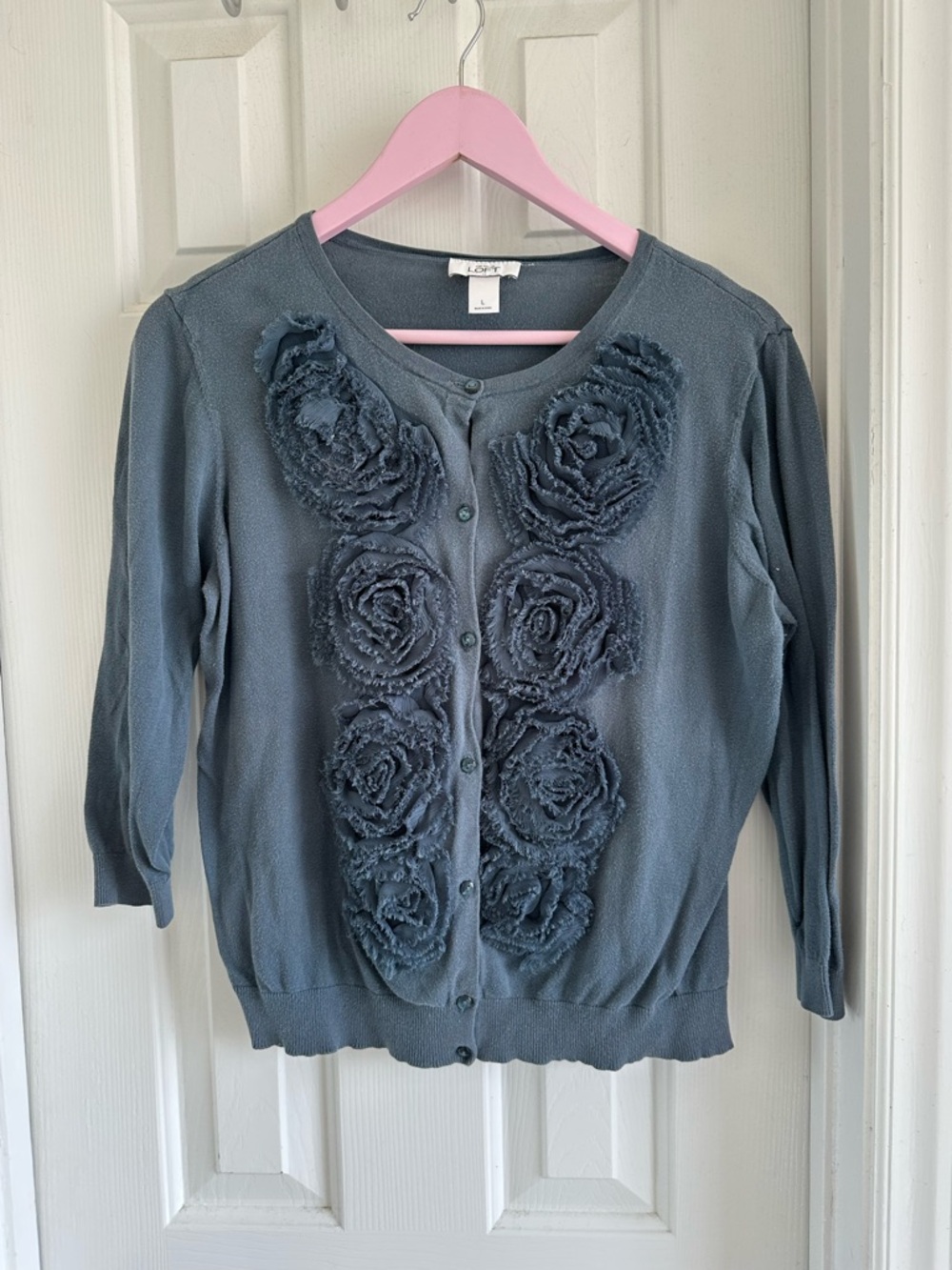 LOFT Slate Blue Floral Appliqué Cardigan